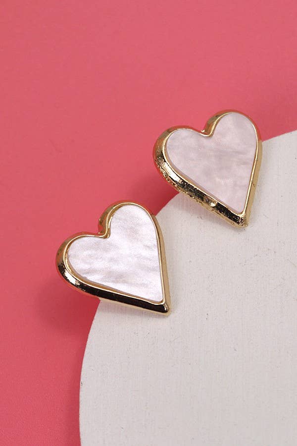 Flat Pearl Heart Gold Stud Earrings
